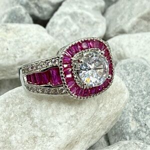 Lab Created Ruby Halo Ring 2.6 CT CZ Silver Tone Over Copper Sz 7.25